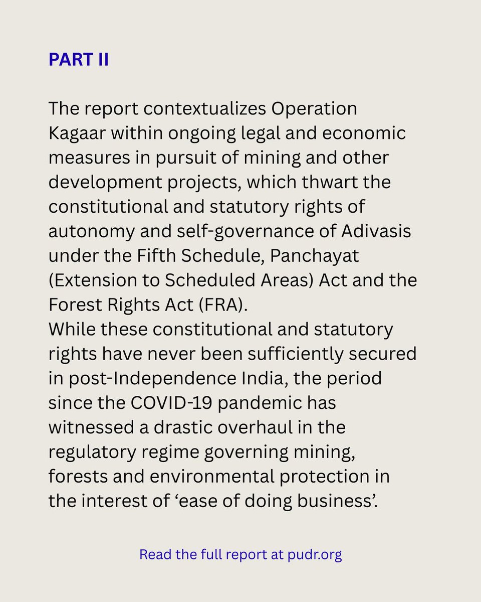 PUDR_Delhi's tweet photo. Our report ‘Reddening the Green’ raises unanswered questions on State accountability in pursuit of a policy of militarization, and the accompanying context of mining, dispossession and violations of Adivasi rights under the Fifth Schedule, PESA and FRA https://t.co/u7BZwNal8y https://t.co/J3ONBn0fQV