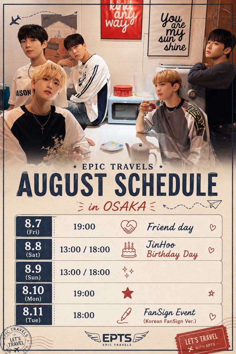 EPICTRAVELS_JP's tweet photo. 📢

**EPTS in Osaka ✈️**

**8.11(火) ✨ イベント特典**

📽️ イベント中は動画撮影OK！
👓 カチューシャやメガネなど、さまざまなファンサイン会グッズの着用OK！

もうすぐお会いしましょう🩵

🔗 https://t.co/54c0EoExJv https://t.co/PWV5LlXPQj