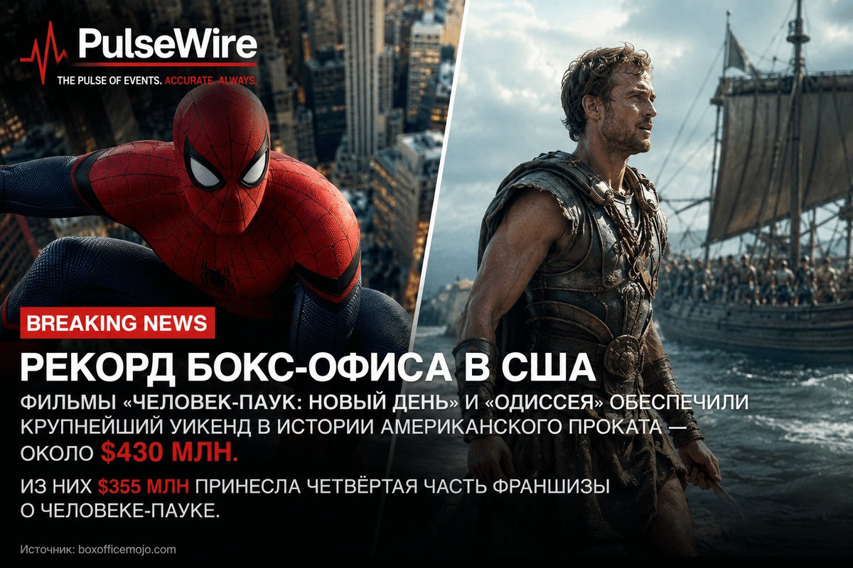 PulseWire_live's tweet photo. 🚨A US box office record, Spider-Man: New Day and Spider-Man: Odyssey combined for the biggest weekend in US box office history, grossing nearly $430 million. Of that, the fourth installment in the Spider-Man franchise brought in $355 million.
#SpiderManBrandNewDay #BoxOffice #TheOdyssey #Record