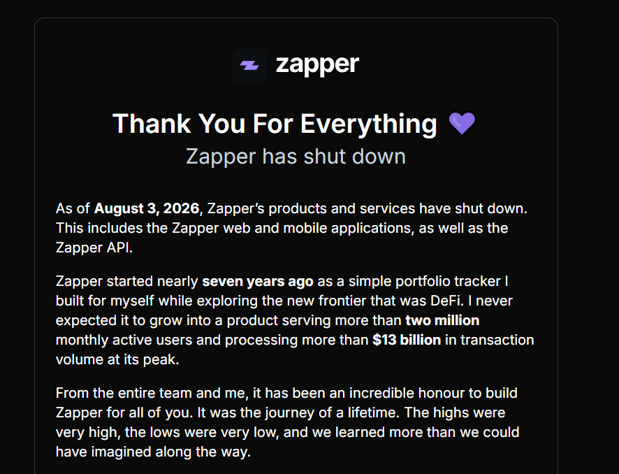 spidahdoteth's tweet photo. 😥@zapper has shut down 

As of August 3, 2026, Zapper’s products and services have shut down. This includes the Zapper web and mobile applications, as well as the Zapper API.

Thank you Zapper! #zapper https://t.co/LKvku9gtHC