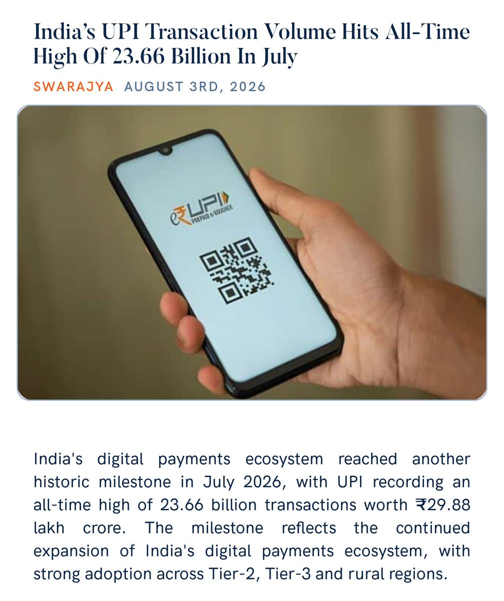PMOIndia's tweet photo. India’s UPI Transaction Volume Hits All-Time High Of 23.66 Billion In July
https://t.co/i23XcLiPNQ 

via NaMo App https://t.co/bsHSXkSyvD