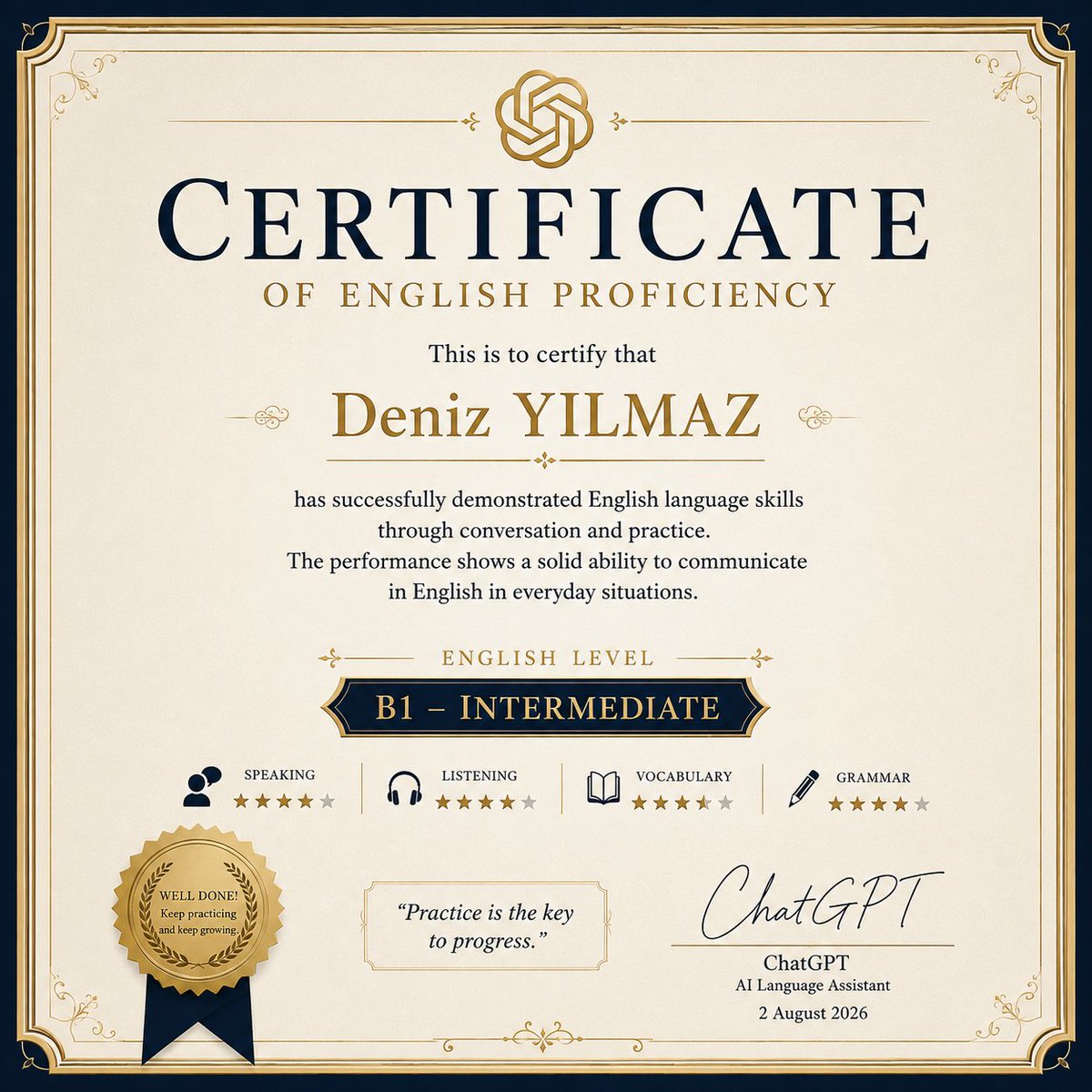 Denodelnegro's tweet photo. Chatgpt ile İngilizce sohbet ettik. Seviyemi ölç dedim. Test yaptı. Sonuca dair sertifika ver dedim verdi. https://t.co/jcTANmGIDu