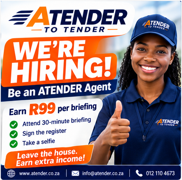 ATENDER101's tweet photo. Post 1 – We're Hiring
🚨 WE'RE HIRING! 🚨
Looking for extra income?
Become an ATENDER Agent and earn R99 for every tender briefing you attend.
✅ Attend a 30-minute briefing
 ✅Sign the attendance register
 ✅Take a selfie as proof
That's it!
Register today https://t.co/xFD65ik9do