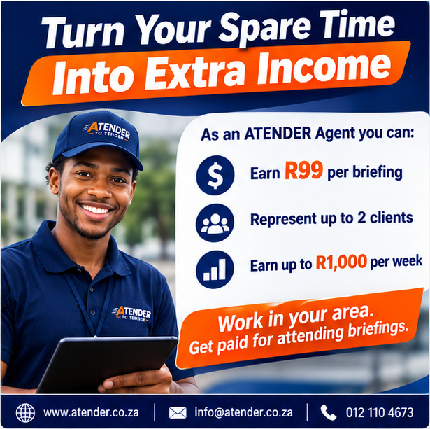 ATENDER101's tweet photo. 💰 Turn your spare time into extra income.
As an ATENDER Agent, you can:
 ✔ Earn R99 per briefing
 ✔ Represent up to 2 clients at one briefing
 ✔ Earn up to R1,000 per week
Work in your area and get paid for attending tender briefings. https://t.co/ZjOGC062AK