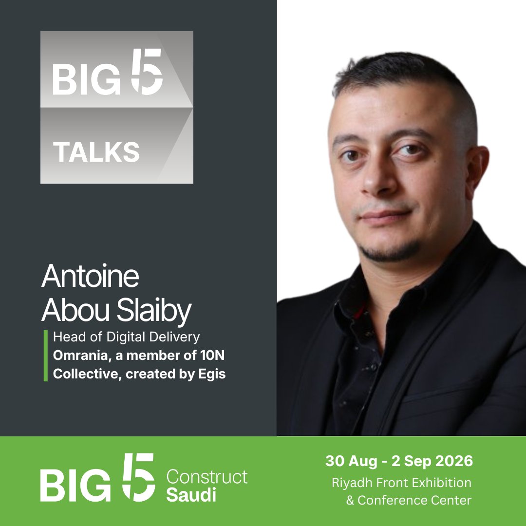 thebig5saudi's tweet photo. 🚨 Speaker spotlight: Antoine Abou Slaiby, Head of Digital Delivery, Omrania, a member of 10N Collective, created by Egis​

With over 14 years of experience in the architecture, engineering and construction industry, Antoine Abou Slaiby is a BIM and digital delivery specialist leading the firm's digital transformation initiatives at Omrania. A certified PMP and Autodesk Certified Professional, he has successfully delivered digital strategies across complex projects, driving innovation, collaboration and the adoption of advanced technologies to enhance project delivery and performance.​

🎤 Catch him live at the Big 5 Talks Theatre during Big 5 Construct Saudi.​

👉 View the agenda:​
https://t.co/Veei7KTSLr

📅 1st September 2026​
📍 Hall 1, Riyadh Front Exhibition & Conference Center
