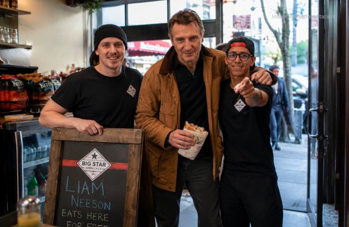 Viralvid_89's tweet photo. A tiny sandwich shop decided to take a chance...

They heard Liam Neeson was filming Hard Powder nearby, so they wrote a joke on their chalkboard:

"Liam Neeson eats here for free."

On the other side, they added:

"Come in and get TAKEN away by our sandwiches."

They figured he'd never see it.

Seven hours later...

The door opened.

Liam Neeson walked in.

In his signature deep, gravelly voice, he looked at the staff and asked,

"Where is my free sandwich?"

The entire shop was in shock.

Although he didn't have time to stay and eat, he happily posed for photos with the amazed staff before heading out.

The surprise visit became such a memorable moment that the shop later created a sandwich in his honor...

"The Neeson."

What started as a funny chalkboard joke turned into a story the shop will never forget. 🥪🎬