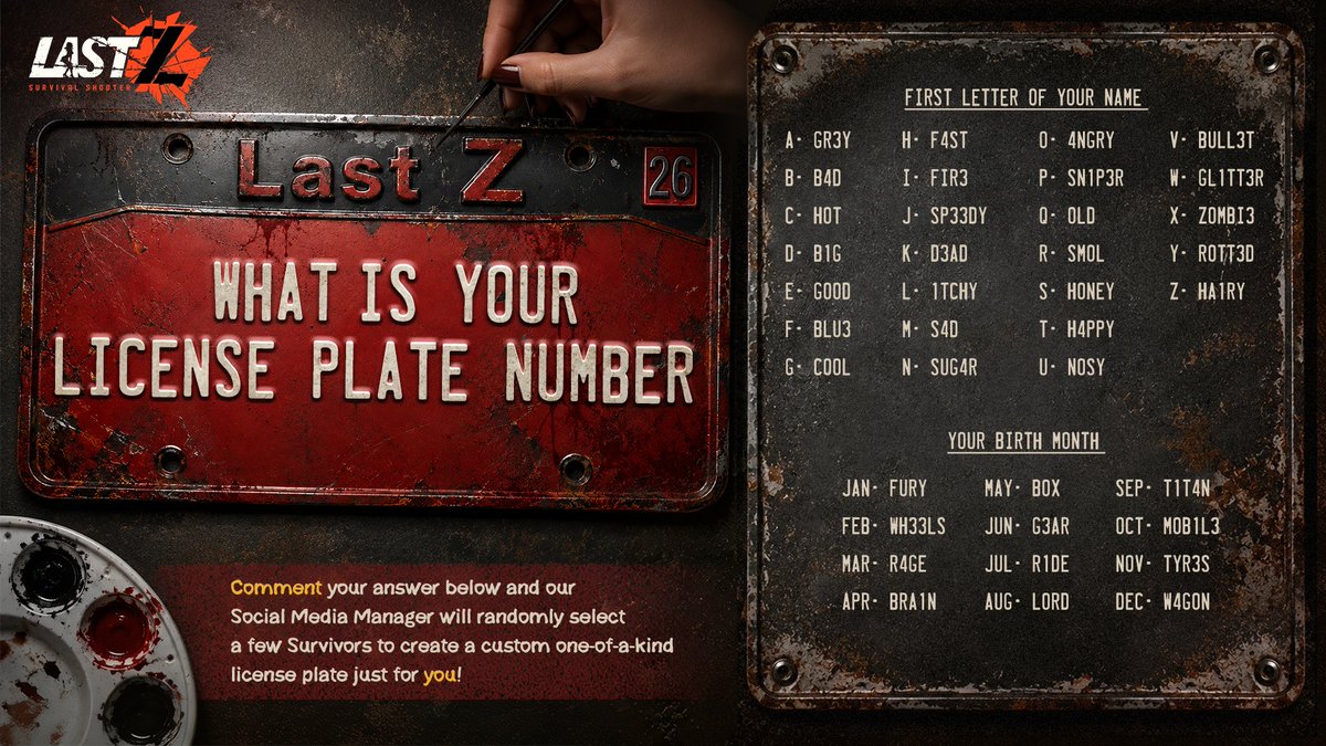 LastZ_EN's tweet photo. [Find Your License Plate Number]

Refer to the image below and find out what your special truck license plate number is! 🛻🚚🚛

Comment your answer and our Social Media Manager might create a custom plate just for you! 🫵🌟

Note: We may not be able to reply to each and every Survivor. Please do not be disappointed if we aren't able to get to you this time. We plan to do more of such activities in the future!

#LastZSurvivalShooter #LastZActivity #LastZTruckPlate