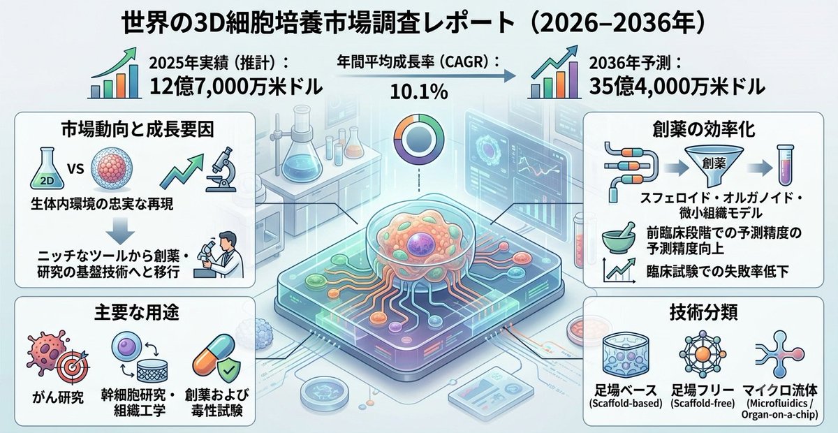 ai_DataMimi's tweet photo. 本日ご紹介📚

世界の3D細胞培養市場：2026～2036年
https://t.co/2UrD50Qzvo

世界の3D細胞培養市場レポート（2026-36年）を要約！市場規模は25年12.7億ドルから36年35.4億ドルへ成長（CAGR10.1%）。#創薬 やがん・ #幹細胞研究 を加速する最新動向を解説

#医療 #細胞培養 #3D細胞培養 #市場レポート https://t.co/k8MNXbj7ti