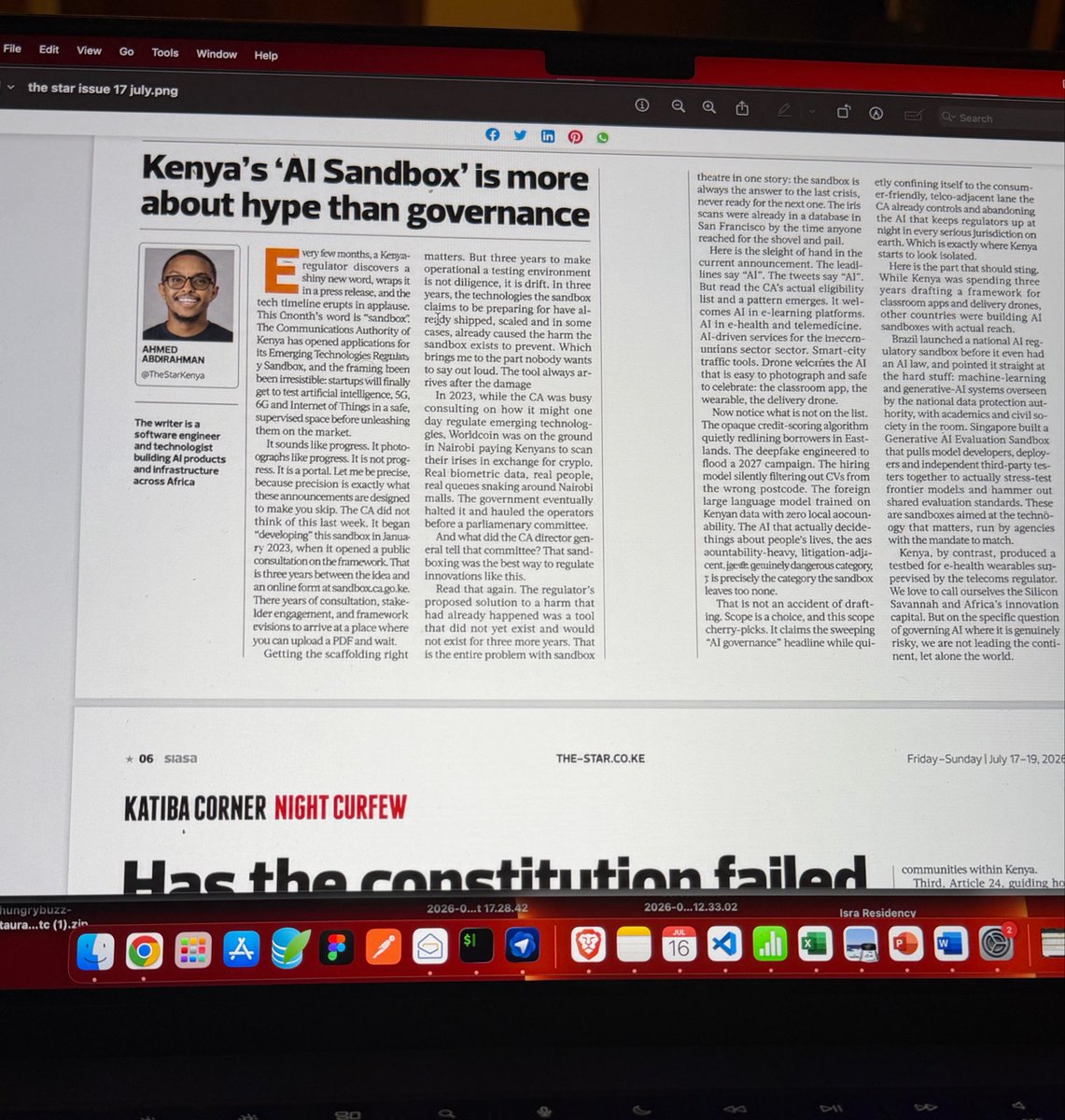 axmedalxender's tweet photo. Wrote about this one in The Star. The CA opened a sandbox for AI that doesn’t exist yet while the credit-scoring models already redlining Kenyans run untouched. It’s a suggestion box with better branding. 
Read here: https://t.co/A2jVW0H449 https://t.co/6xhyvEZLsE
