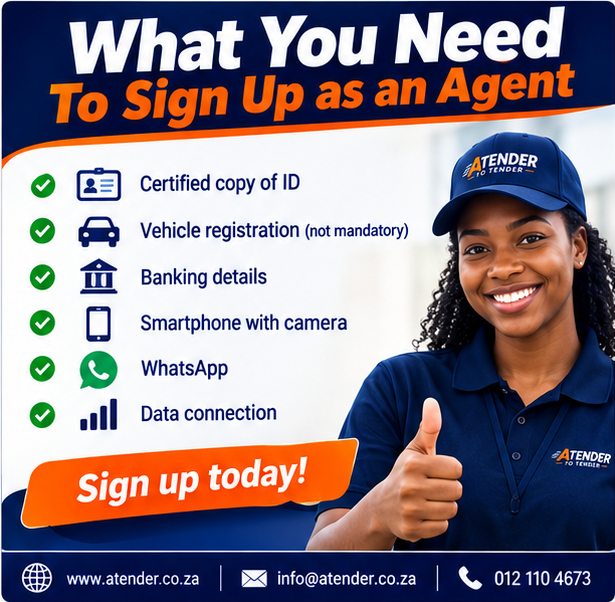 ATENDER101's tweet photo. Joining ATENDER is easy.
All you need is:
📄 Certified copy of your ID
 📱Smartphone with camera &amp; WhatsApp
 🌐Data connection
 🏦Banking details
 🚗Vehicle (optional but advantageous)
Start earning today.
Visit:
 https://t.co/iey7jmDNOJ
#ATENDER #HiringNow #SideHustle https://t.co/WbnPm2lF7F
