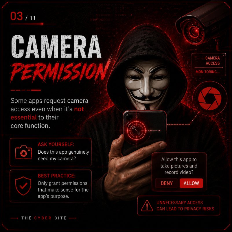 the_cyber_bite's tweet photo. 📱 𝐒𝐂𝐀𝐑𝐘 𝐀𝐏𝐏𝐒 👀

Not every app is dangerous—but 𝐞𝐯𝐞𝐫𝐲 𝐩𝐞𝐫𝐦𝐢𝐬𝐬𝐢𝐨𝐧 𝐦𝐚𝐭𝐭𝐞𝐫𝐬.

Many apps request access to your 𝐜𝐚𝐦𝐞𝐫𝐚, 𝐦𝐢𝐜𝐫𝐨𝐩𝐡𝐨𝐧𝐞, 𝐥𝐨𝐜𝐚𝐭𝐢𝐨𝐧, 𝐜𝐨𝐧𝐭𝐚𝐜𝐭𝐬, 𝐚𝐧𝐝 𝐟𝐢𝐥𝐞𝐬. While many permissions are legitimate, it's important to understand why an app needs them before you tap "𝐀𝐥𝐥𝐨𝐰."

In this carousel, you'll learn:
🔴 Which permissions deserve extra attention
🔴 Common privacy risks
🔴 Warning signs of suspicious apps
🔴 Simple habits to better protect your data

⚠️ 𝐂𝐲𝐛𝐞𝐫𝐬𝐞𝐜𝐮𝐫𝐢𝐭𝐲 𝐚𝐰𝐚𝐫𝐞𝐧𝐞𝐬𝐬 𝐬𝐭𝐚𝐫𝐭𝐬 𝐰𝐢𝐭𝐡 𝐢𝐧𝐟𝐨𝐫𝐦𝐞𝐝 𝐝𝐞𝐜𝐢𝐬𝐢𝐨𝐧𝐬—𝐧𝐨𝐭 𝐟𝐞𝐚𝐫.

💾 𝐒𝐚𝐯𝐞 this guide.
📤 𝐒𝐡𝐚𝐫𝐞 it with friends and family.
❤️ 𝐅𝐨𝐥𝐥𝐨𝐰 THE CYBER BITE for more cybersecurity and privacy content