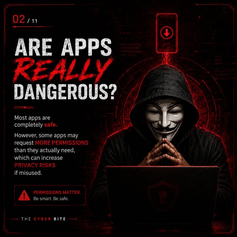 the_cyber_bite's tweet photo. 📱 𝐒𝐂𝐀𝐑𝐘 𝐀𝐏𝐏𝐒 👀

Not every app is dangerous—but 𝐞𝐯𝐞𝐫𝐲 𝐩𝐞𝐫𝐦𝐢𝐬𝐬𝐢𝐨𝐧 𝐦𝐚𝐭𝐭𝐞𝐫𝐬.

Many apps request access to your 𝐜𝐚𝐦𝐞𝐫𝐚, 𝐦𝐢𝐜𝐫𝐨𝐩𝐡𝐨𝐧𝐞, 𝐥𝐨𝐜𝐚𝐭𝐢𝐨𝐧, 𝐜𝐨𝐧𝐭𝐚𝐜𝐭𝐬, 𝐚𝐧𝐝 𝐟𝐢𝐥𝐞𝐬. While many permissions are legitimate, it's important to understand why an app needs them before you tap "𝐀𝐥𝐥𝐨𝐰."

In this carousel, you'll learn:
🔴 Which permissions deserve extra attention
🔴 Common privacy risks
🔴 Warning signs of suspicious apps
🔴 Simple habits to better protect your data

⚠️ 𝐂𝐲𝐛𝐞𝐫𝐬𝐞𝐜𝐮𝐫𝐢𝐭𝐲 𝐚𝐰𝐚𝐫𝐞𝐧𝐞𝐬𝐬 𝐬𝐭𝐚𝐫𝐭𝐬 𝐰𝐢𝐭𝐡 𝐢𝐧𝐟𝐨𝐫𝐦𝐞𝐝 𝐝𝐞𝐜𝐢𝐬𝐢𝐨𝐧𝐬—𝐧𝐨𝐭 𝐟𝐞𝐚𝐫.

💾 𝐒𝐚𝐯𝐞 this guide.
📤 𝐒𝐡𝐚𝐫𝐞 it with friends and family.
❤️ 𝐅𝐨𝐥𝐥𝐨𝐰 THE CYBER BITE for more cybersecurity and privacy content