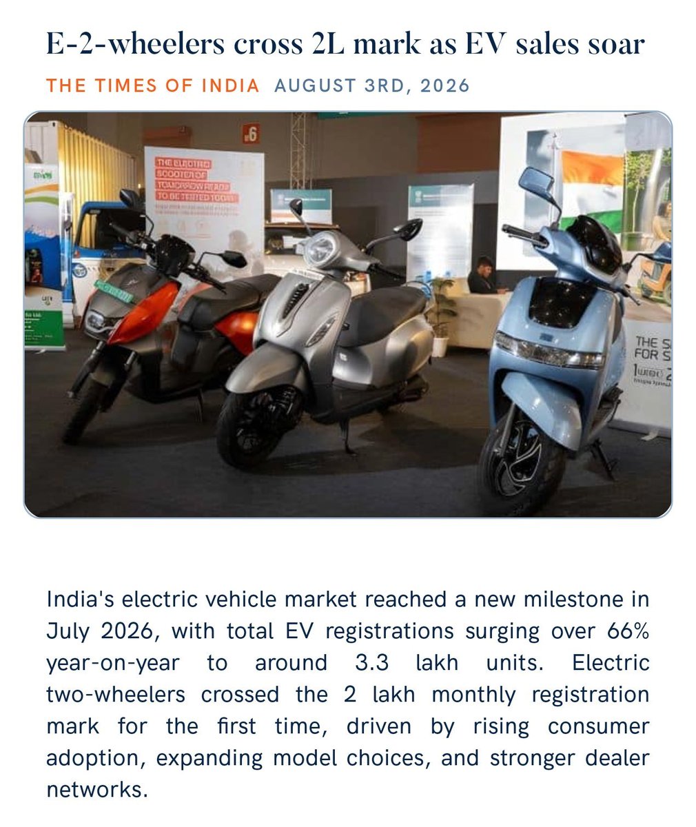 irushikeshpatel's tweet photo. E-2-wheelers cross 2L mark as EV sales soar
https://t.co/snBQ3jgK85

via NaMo App https://t.co/ocmELigkPQ