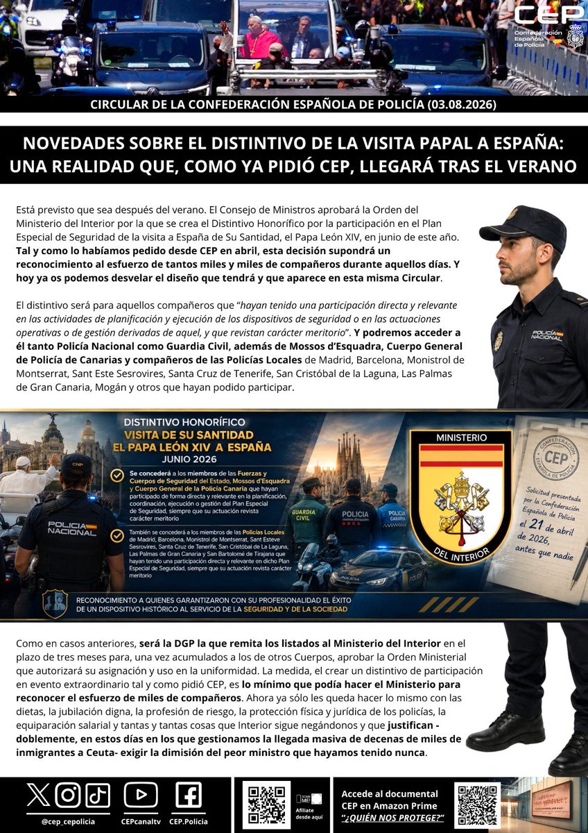 cep_cepolicia's tweet photo. 🇻🇦 Será en Consejo de Ministros, al acabar el verano. El distintivo de participación en el despliegue de seguridad de la visita de SS el Papa León XIV ya está ultimado y se dará, como reclamó @cep_cepolicia en abril, a los compañeros que participaron en el dispositivo. ➕ info 👇🏻 https://t.co/Ort0gShuxn