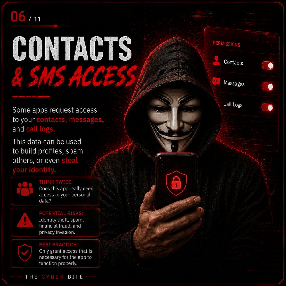 the_cyber_bite's tweet photo. 📱 𝐒𝐂𝐀𝐑𝐘 𝐀𝐏𝐏𝐒  Part 2👀

Not every app is dangerous—but 𝐞𝐯𝐞𝐫𝐲 𝐩𝐞𝐫𝐦𝐢𝐬𝐬𝐢𝐨𝐧 𝐦𝐚𝐭𝐭𝐞𝐫𝐬.

Many apps request access to your 𝐜𝐚𝐦𝐞𝐫𝐚, 𝐦𝐢𝐜𝐫𝐨𝐩𝐡𝐨𝐧𝐞, 𝐥𝐨𝐜𝐚𝐭𝐢𝐨𝐧, 𝐜𝐨𝐧𝐭𝐚𝐜𝐭𝐬, 𝐚𝐧𝐝 𝐟𝐢𝐥𝐞𝐬. While many permissions are legitimate, it's important to understand why an app needs them before you tap "𝐀𝐥𝐥𝐨𝐰."

In this carousel, you'll learn:
🔴 Which permissions deserve extra attention
🔴 Common privacy risks
🔴 Warning signs of suspicious apps
🔴 Simple habits to better protect your data

⚠️ 𝐂𝐲𝐛𝐞𝐫𝐬𝐞𝐜𝐮𝐫𝐢𝐭𝐲 𝐚𝐰𝐚𝐫𝐞𝐧𝐞𝐬𝐬 𝐬𝐭𝐚𝐫𝐭𝐬 𝐰𝐢𝐭𝐡 𝐢𝐧𝐟𝐨𝐫𝐦𝐞𝐝 𝐝𝐞𝐜𝐢𝐬𝐢𝐨𝐧𝐬—𝐧𝐨𝐭 𝐟𝐞𝐚𝐫.

💾 𝐒𝐚𝐯𝐞 this guide.
📤 𝐒𝐡𝐚𝐫𝐞 it with friends and family.
❤️ 𝐅𝐨𝐥𝐥𝐨𝐰 THE CYBER BITE for more cybersecurity and privacy content.

#thecyberbite #cybersecurity #privacy #android #iphone #apps #infosec #mobilesecurity #cyberawareness #dataprivacy #ethicalhacking #digitalsecurity
