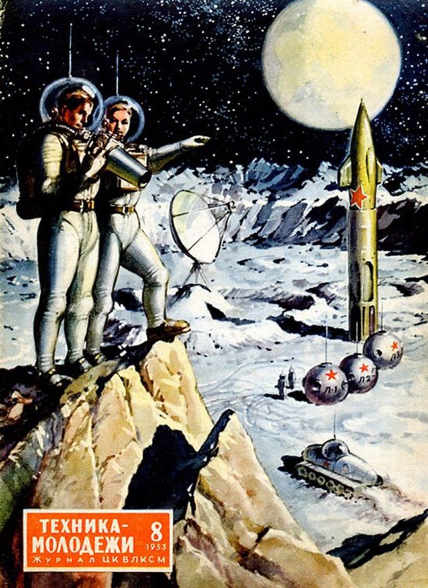LRonLacy's tweet photo. For #AUGUST 1954
Cover of the Soviet monthly ‘Teknika Molodezhi’ (Technology for the Youth), August 1954
#TeknikaMolodezhi #illustration #illustrationart #spaceart #lunarbase #moonbase #rocketship #spaceship #Cosmonauts #womeninspace #USSR https://t.co/zYDlSDqwcQ