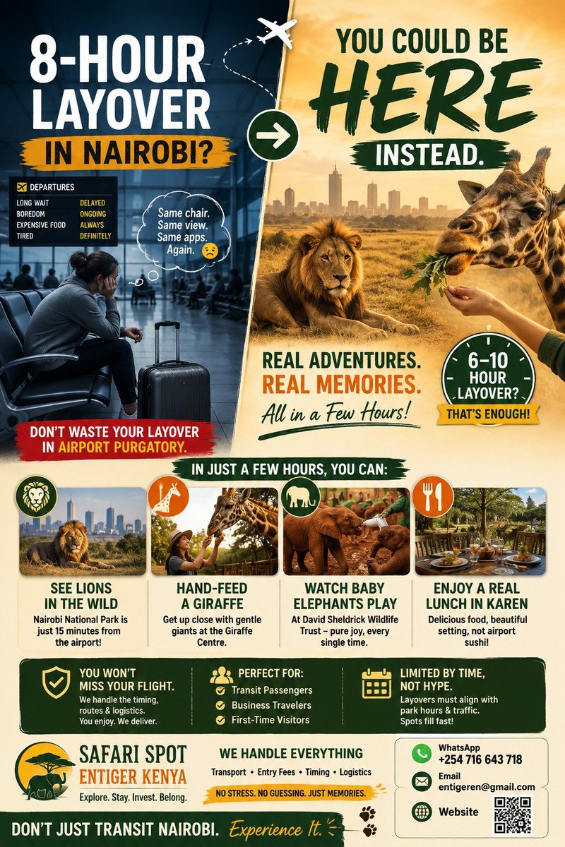 CarolineKimaru's tweet photo. https://t.co/ZXKAzyEEJm                                                                   The Nairobi Airport Secret Airlines Hope You Never Discover
There is a special circle of hell reserved for long layovers. 

Safari Spot Entiger Kenya runs these layover escapes end-to-end. https://t.co/EHXljn8kTz