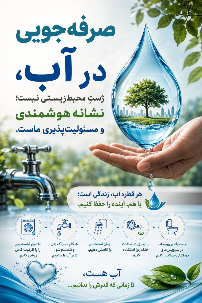 fatemeh_87_87's tweet photo. صرفه‌جویی در آب، ژستِ محیط‌زیستی نیست؛ نشانه هوشمندی و مسئولیت‌پذیری ماست.

#صرفه_جویی 
#همیار_انرژی https://t.co/XWoM5imBAP
