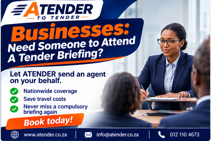 ATENDER101's tweet photo. Missing tender briefings because your team is too busy?
ATENDER has agents across South Africa ready to attend on your behalf.
✔ Nationwide coverage
 ✔ Save travel costs
 ✔ Never miss a compulsory briefing again
Book today.
🌐 https://t.co/iey7jmDNOJ
#Tender #Procurement https://t.co/XdePMb20EE