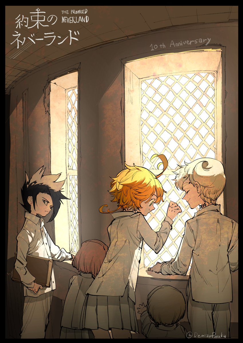 TPNManga's tweet photo. Demizu Posuka's illustrations for The Promised Neverland's 10th anniversary! 🦉🎉 
▫️The series has several anniversary commemorative plans, including a full-color digital release of the manga and a brand-new side story scheduled for August 24, 2026. https://t.co/OE2l0B5sM4
