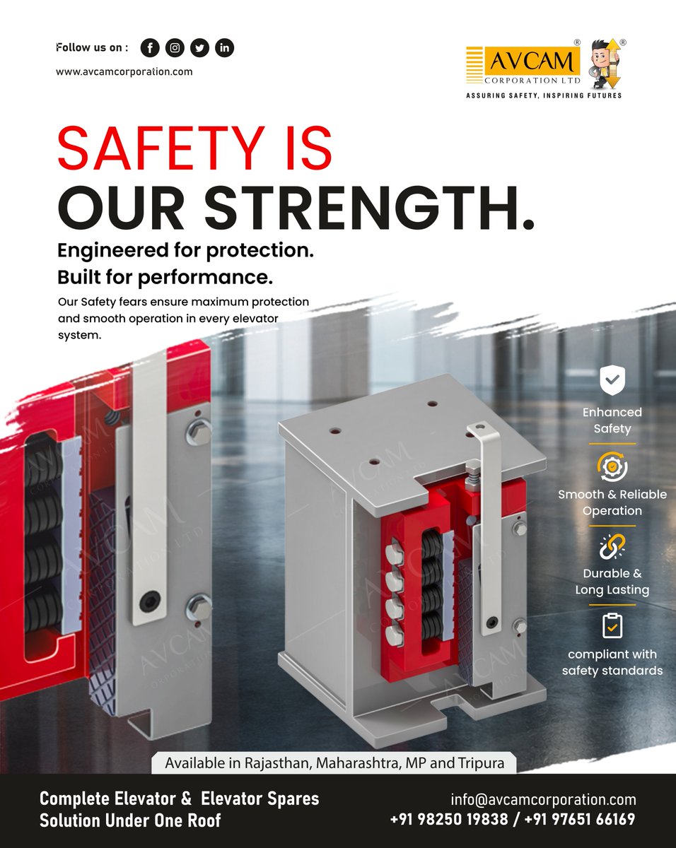 avcammkt's tweet photo. Engineered for maximum protection, our safety gears deliver smooth and reliable elevator operation.
+91 98250 19838 | +91 97651 66169
info@avcamcorporation.com
#AVCAM #ElevatorDesign #SmartLiving #VerticalLuxury #HomeElevator #LuxuryLifestyle #shafting #elevatorcomponents https://t.co/nZrKVhmZCe