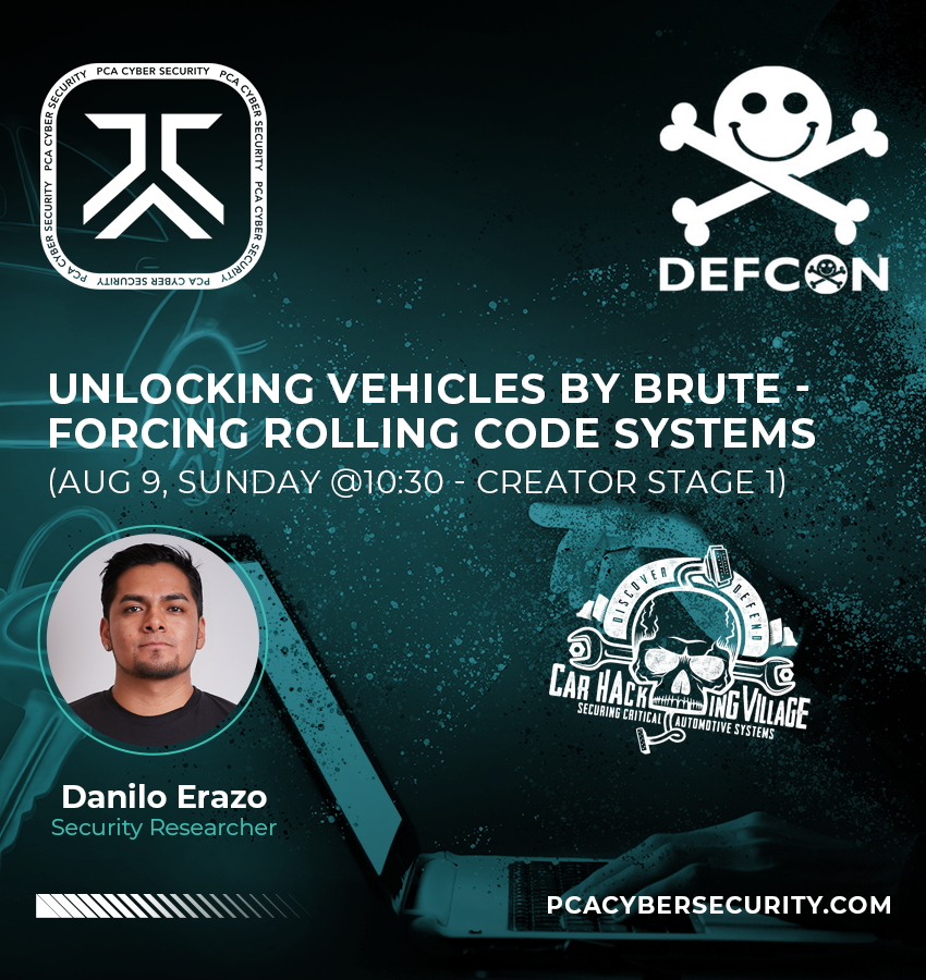 PCACyberSec's tweet photo. Attending #DEFCON34?
Don't miss Danilo's (@revers3vrything) talk at @CarHackVillage!
Unlocking Vehicles by Brute-Forcing Rolling Code Systems
๐ Aug 9, 10:30 AM
๐Creator Stage 1
Learn how reverse engineering uncovered flaws in a widely used rolling code system.
#carhacking https://t.co/GZD9imoY9w
