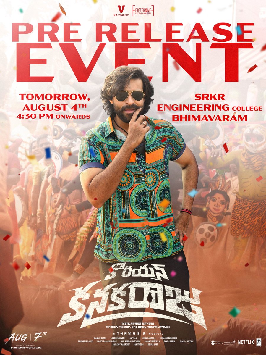 MegaYouthFAtp's tweet photo. BHIMAVARAM… ARE YOU READY? ❤️‍🔥

@IAmVarunTej’s #KoreanKanakaraju madness is all set to take over the city 🔥

GRAND PRE-RELEASE EVENT Tomorrow, August 4th at SRKR Engineering College, 4:30 PM Onwards 💥💥💥

#KOKA Grand Release Worldwide in Cinemas on AUGUST 7th, 2026. 🐉 https://t.co/mbQc5NLgys