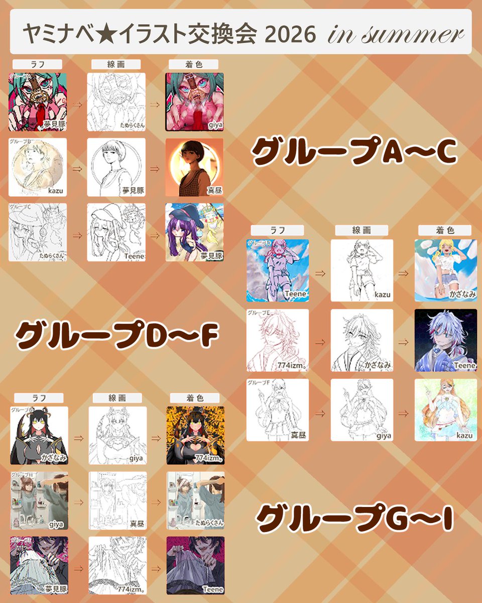 8minabe3chi's tweet photo. 《ヤミナベ企画🍲第一弾》
9人でイラスト交換（線画交換？）をやってみました🤗
順番は完全ランダム恨みっこなし🙅‍♂️ 

なかなかそれぞれの個性が出た作品たちになったのでは！！
#線画交換 https://t.co/8ZflBC6wiw