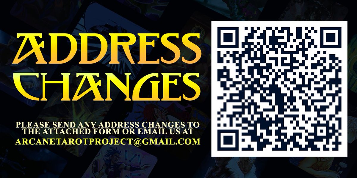 arcanetarotdeck's tweet photo. 🌙 DIVINATION &amp; DEVASTATION: ADDRESS CHANGE FORM ☀️

As we prepare for shipping, we are sending out a FINAL call for address changes! If your address has changed since placing Preorders, please scan the QR code below, or drop us an email!

📧 | arcanetarotproject@gmail.com https://t.co/m6IJEttxXD