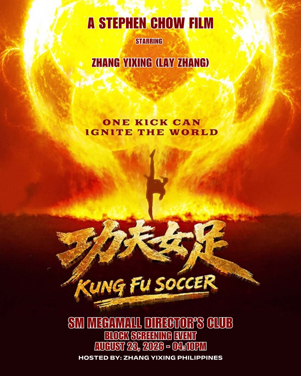 OnlyFor_YIXING's tweet photo. ⚽️ PRE-REGISTRATION IS OFFICIALLY OPEN! ⚽️ 

It’s time to gather, cheer, laugh, and witness @layzhang shine on the big screen as Xu Feng.  

Join us for our Kung Fu Soccer Block Screening Event and experience the movie together with fellow XBACKs and EXO-Ls. Let’s fill the cinema with our love and support for Yixing! 💜

🗓️ August 23, 2026, Sunday
🕓 04:10 pm
📍 Venue: SM Megamall Director's Club
🎫 Price: Cinema ticket price as it is (no additional charge)

How to join: 
✨ Fill out the pre-registration form. 
✨ Wait for our confirmation message. 
✨ Complete your payment within the given period.  

Seats are very limited, so don’t wait too long.  

Let’s make this another unforgettable fan gathering! We can’t wait to see everyone there!!! 💜

📝 Register Here:
https://t.co/t6CJhRUyl4