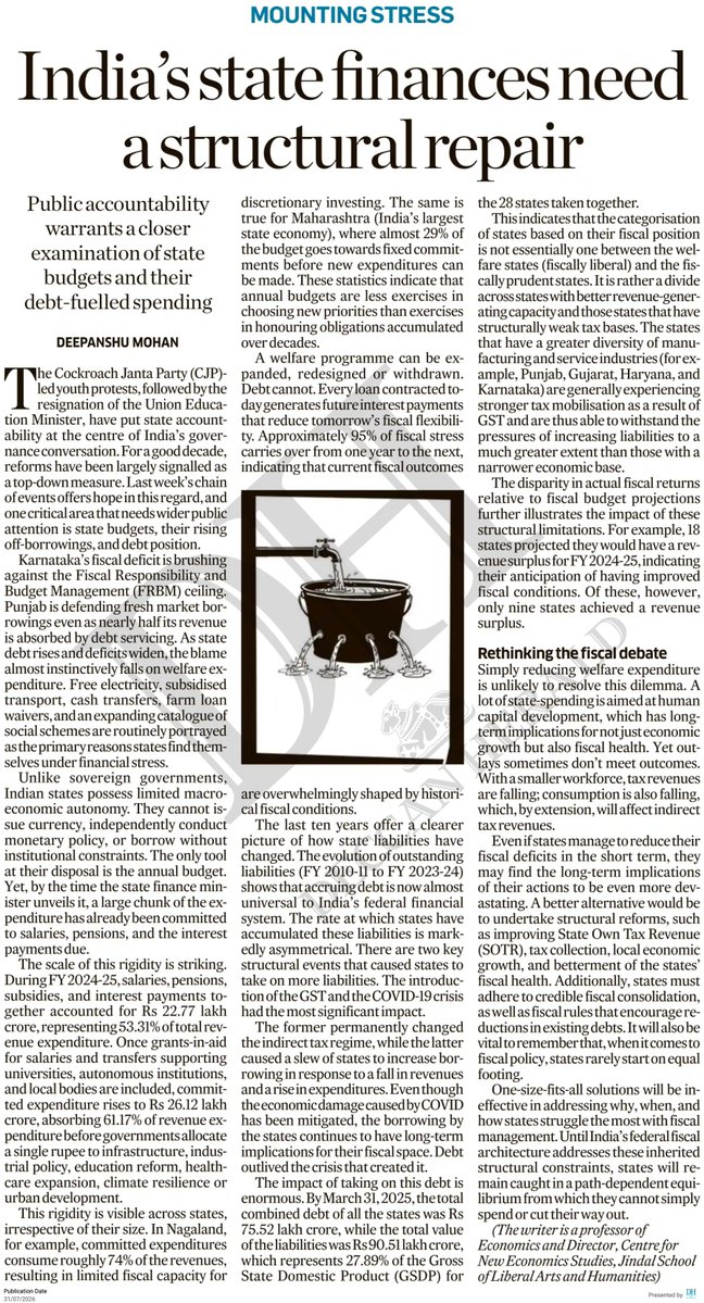 Deepanshu_1810's tweet photo. A few columns, essays and reflections published over recent weeks: 

On how Household Borrowings data is showing unsustainable accruing of debt accumulation for Indian Households (beyond previously existing debt  overheads + credit fuelled spending on core needs is playing a role in keeping the burden high): https://t.co/xRLfS9leF1 @htTweets  

On the recent #studentprotest movement and the need to study change in youth aspiration today: https://t.co/fs9i3DleVg @ndtv 

On how the next cycle of public discourse, seeking more accountability and democratic scrutiny may need to warrant a closer look at India's state-finances, off-budget borrowings, and the gradual breakdown seen in Union-State federal relationship on partisan lines: https://t.co/XfBscY1V3d @DeccanHerald

On the political economy of tariffs and why Trump keeps bringing them back (despite the poor economics and evidence of their impact): @IndianExpress 
https://t.co/QRRkpkwH8v

(1/2)