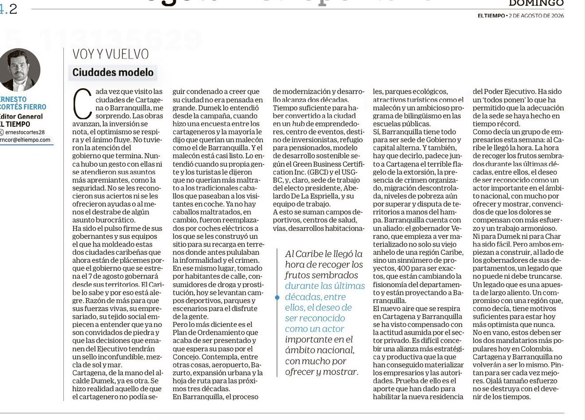 dumek_turbay's tweet photo. «Cartagena, de la mano del alcalde Dumek, ya es otra», de la columna Ciudades Modelo, del editor general del periódico @ELTIEMPO, @ernestocortes28. 

En #Cartagena no paramos, ¡AVANZAMOS! https://t.co/6MRokgxeUi
