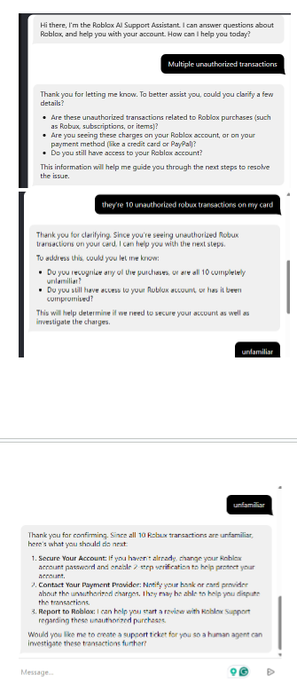 NotBunzbee's tweet photo. Im actually fairly certain if you go to the robot and do this right now, it will still say this. I'd also like to add that when I originally talked to billing, I brought this up and told the person that I contacted my bank because of the support bot. He didn't bother responding, so i figured it was fine.