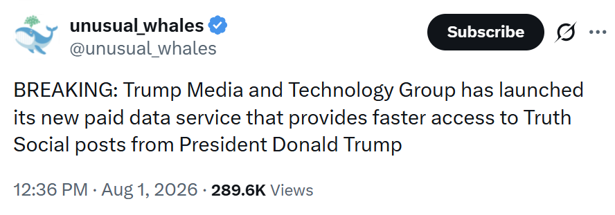 AwesomeNewsom's tweet photo. YOU CAN NOW PAY TO SEE TRUMP'S POSTS FASTER. DID YOU ALWAYS DREAM OF SEEING TRUMP AS ELVIS SOONER? DONE! ARE YOU DYING TO BE FIRST TO SEE A RANT ABOUT WINDMILLS? DONE! IS IT TAKING TOO LONG TO GET A BATSHIT POST ABOUT NOTHING? NOT ANYMORE! TRUMP IS BRINGING DEMENTIA ON DEMAND. https://t.co/Uhz3OPVzKm