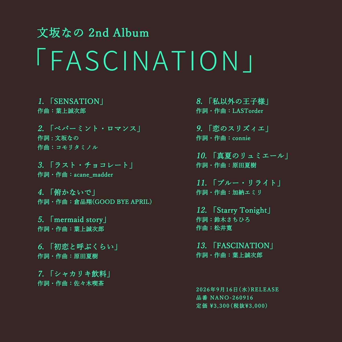 ayasaka_nano's tweet photo. 【収録楽曲】

1「SENSATION」
作曲：葉上誠次郎 @seiseisei1313 

2「ペパーミント・ロマンス」
作詞：文坂なの
作曲：コモリタミノル @Comorita 

3「ラスト・チョコレート」
作詞・作曲：acane_madder @acane_madder 

4「俯かないで」
作詞・作曲：倉品翔(GOOD BYE APRIL) @ShoKURASHINA 

5「mermaid story」
作詞・作曲：葉上誠次郎

6「初恋と呼ぶくらい」
作詞・作曲：原田夏樹 @1st_summer 

7「シャカリキ飲料」
作詞・作曲：佐々木喫茶 @sasakikissa 

8「私以外の王子様」
作詞・作曲：LASTorder @LASTorder_kt 

9「恋のスリズィエ」
作詞・作曲：connie @RunoDaviau 

10「真夏のリュミエール」
作詞・作曲：原田夏樹

11「ブルー・リライト」
作詞・作曲：加納エミリ @EMILY_k0213 

12「Starry Tonight」
作詞：鈴木さちひろ @_sachihiro 
作曲：松井寛 @royalmirrorball 

13「FASCINATION」
作詞・作曲：葉上誠次郎

#文坂なの_FASCINATION
#文坂なの