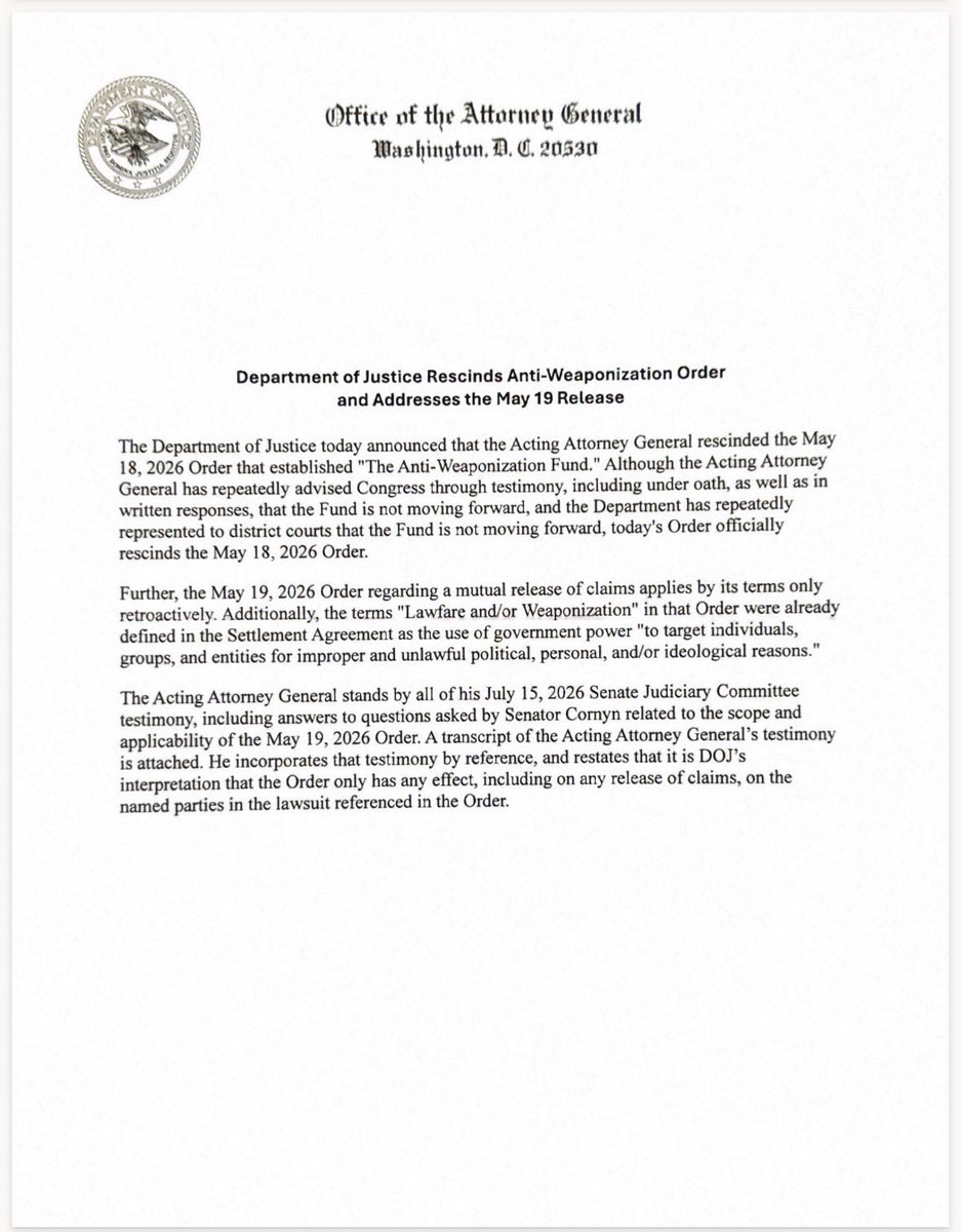 DAGToddBlanche's tweet photo. My team and I have met with committee members and Senators over the past several weeks and addressed any concerns or outstanding questions. We have enjoyed good faith discussions, and as a result issue the following order and update with regard to the May IRS settlement. The Department always welcomes and appreciates productive engagement with all members of Congress.