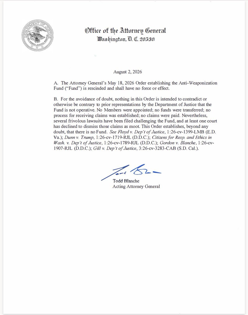 DAGToddBlanche's tweet photo. My team and I have met with committee members and Senators over the past several weeks and addressed any concerns or outstanding questions. We have enjoyed good faith discussions, and as a result issue the following order and update with regard to the May IRS settlement. The Department always welcomes and appreciates productive engagement with all members of Congress.