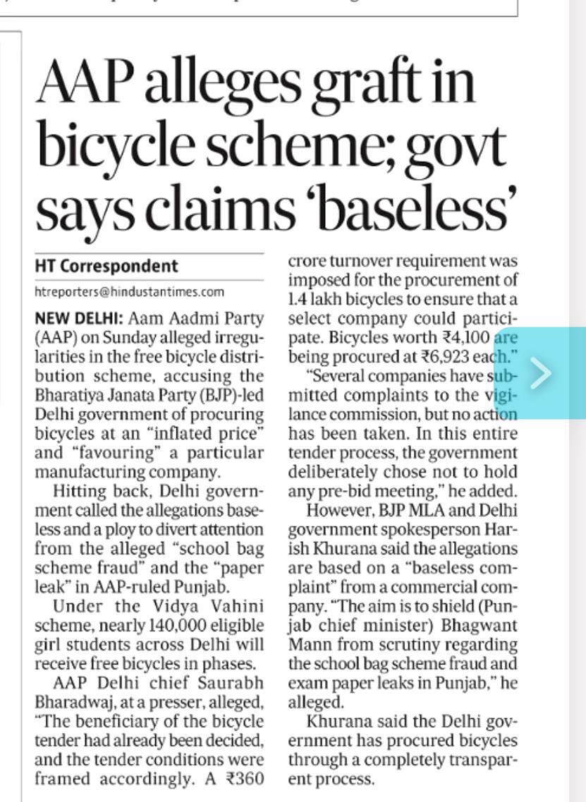 Saurabh_MLAgk's tweet photo. Times of India Readers 

90 crore Scam allegations in buying bicycles for girl students.

Vendor ready to sell bicycles for Rs 4100 each was excluded while Delhi Govt bought each cycle for Rs 6957.

Tailor made tender conditions similar to 6500 crore health scam.

Like past ,TOI @TOIIndiaNews @TOIDelhi chose to ignore this news because it exposes BJP Govt.