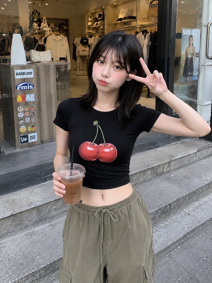 saniaspeaks_'s tweet photo. Created with GPT image 2

{
  "prompt": "RAW ultra-realistic smartphone photo of a cute young Japanese woman standing outside a trendy clothing boutique. She has fair porcelain skin, large dark brown eyes, a small nose, soft pink lips, and shoulder-length straight black hair with airy curtain bangs. She makes a playful puffed-cheek expression while pointing her thumb to the side. She wears a fitted black crop T-shirt with a realistic cherry print on the chest, loose olive-green drawstring cargo pants, and holds a clear plastic iced coffee cup with a black straw. Behind her is a modern fashion store with clothing racks, shelves, warm indoor lighting, colorful stickers on the counter, and an urban street aesthetic. Captured casually by a friend using a smartphone. Natural daylight, realistic skin texture, subtle HDR, slight handheld framing, authentic mobile camera perspective, automatic white balance, soft shadows, tiny sensor noise, unedited social media aesthetic, no beauty filter, no AI look, ultra-photorealistic, 8K.",
  "negative_prompt": "anime, illustration, CGI, 3D render, painting, low quality, blurry, watermark, logo, text, extra fingers, deformed hands, duplicate limbs, bad anatomy, oversaturated, plastic skin, excessive smoothing, unrealistic lighting",
  "width": 768,
  "height": 1024,
  "steps": 30,
  "cfg_scale": 7,
  "sampler": "DPM++ 2M Karras",
  "seed": -1
}