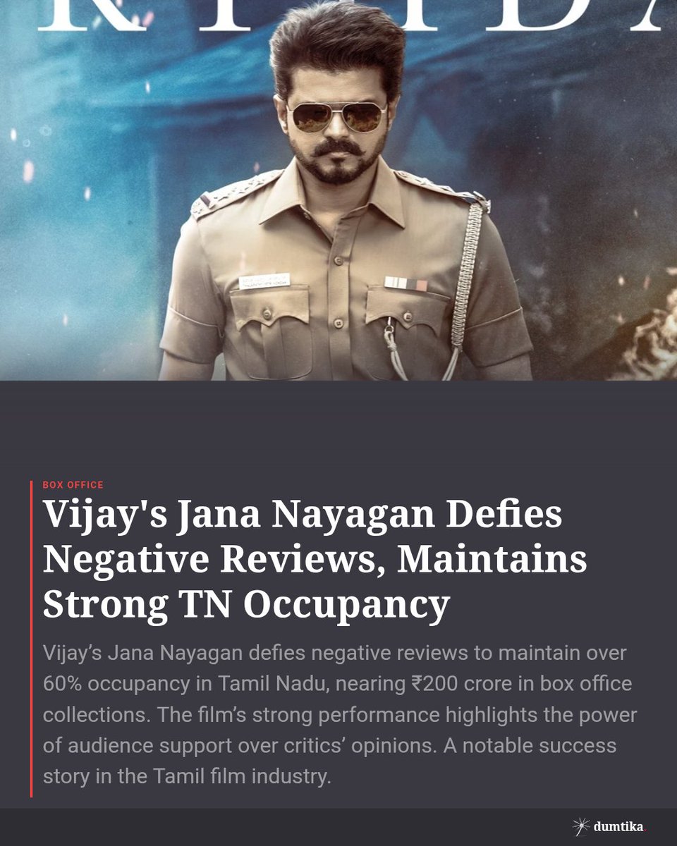 DumtikaMedia's tweet photo. Vijay’s Jana Nayagan proves critics wrong with over 60% occupancy in Tamil Nadu and nears ₹200 crore! Box office buzz is real 🔥🎬 #JanaNayagan #Vijay #BoxOfficeHit https://t.co/pZxfjkJLsX