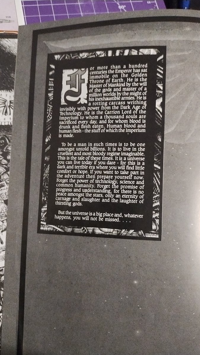 SimplyShae13's tweet photo. Except they haven't.

Literally page 1 of Rogue Trader. It's always been here and, to the style of GW game design of early 40k, the quote is an in-universe monologue by the designers to give you an idea of what you're playing.

GW has never said "Chaos" speaks it. https://t.co/HBKT36eUs5