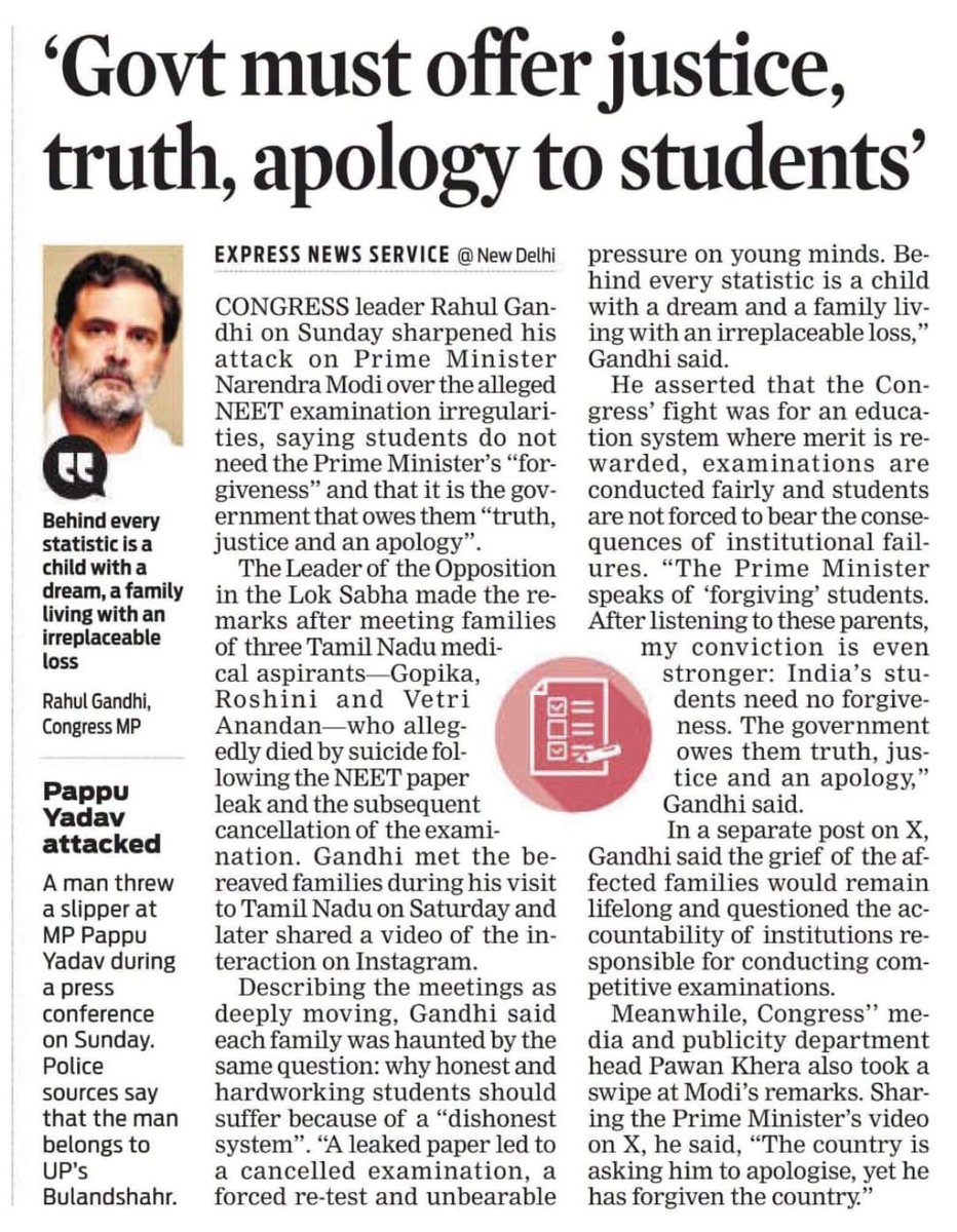 ArshadRizwan's tweet photo. Students who have done nothing wrong do not need your sympathy. They deserve the truth, justice, and an apology from you. 

As Leader of the Opposition @RahulGandhi rightly said: First, apologise to the students. Then, fix the examination system.

#LOP #neetquestionpaperleak #Examination #Apologise