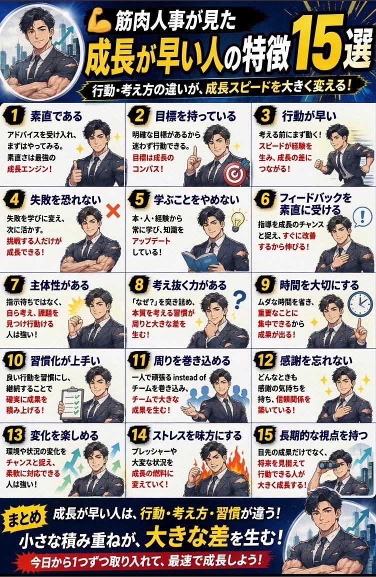 yichi_gym's tweet photo. 💪筋肉人事が見た
成長が早い人の特徴15選

あなたは何番が重要だと思いますか？ https://t.co/vwYGsKJYGA