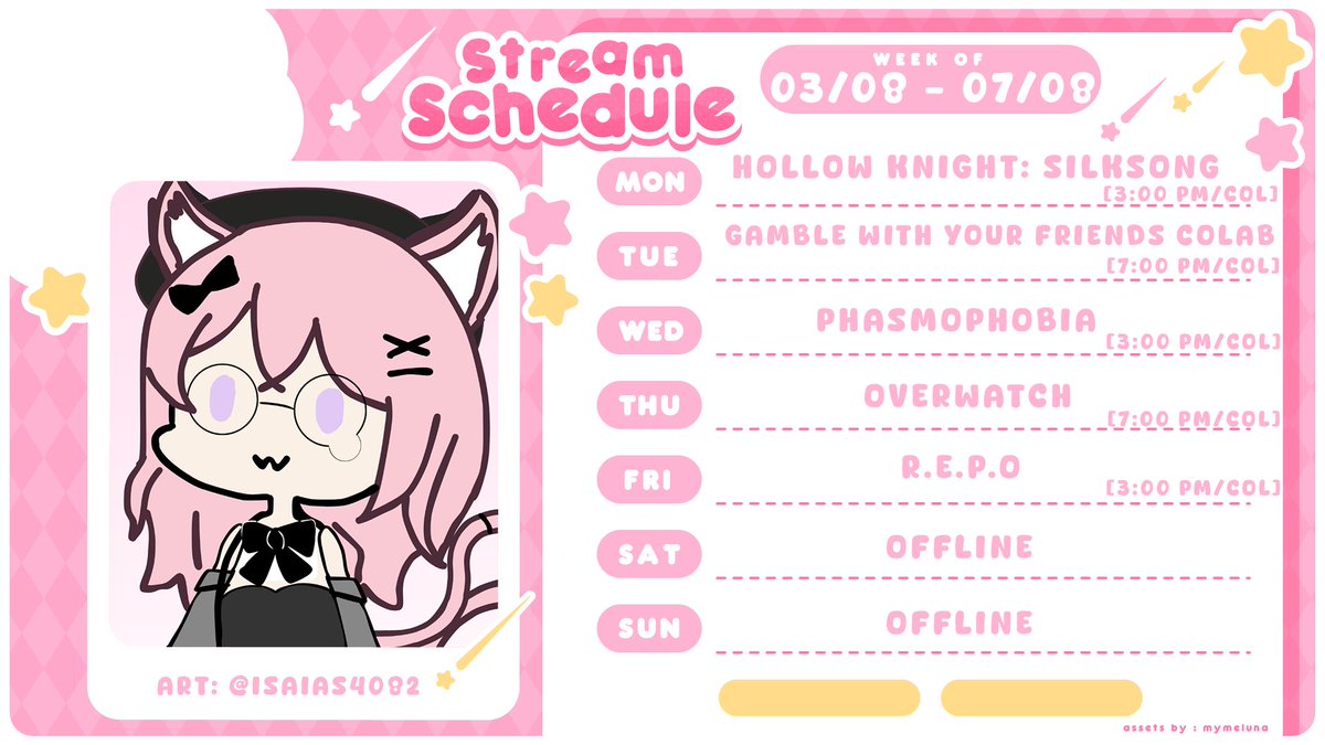 Caynius's tweet photo. 🌸Horario de la semana o(≧▽≦)o
~ 03 agosto - 07 agosto ~
🟣https://t.co/jzHiPMHsLb
Oshi Mark: ✨🌸
General: #Caynius
Clips: #Caynews
Fanarts: #CayArt
NSFW: #Cayniudes
🎨: @Isaias4082
#VtuberES #twitch https://t.co/ixAnRLMxtX