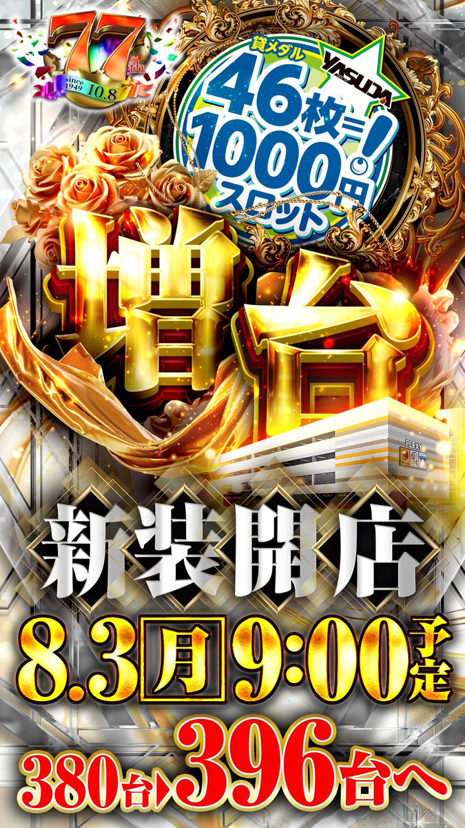 yt03132575's tweet photo. 昨日
【８月周年月間】
８月２日のランキングから！

スロットはからくり２が
コンプリート手前＆大台突破で２台IN！

本日は
■■４６枚スロット■■
★★増台３ ９ ６ 台へ★★
更なる飛躍しております！

■大型新装開店
■最新台＆増台機種てんこ盛り
■全店合同山佐賞品陳列開始

最新台抽選開放は
この後！！！
店内ラインXにて
告知します！