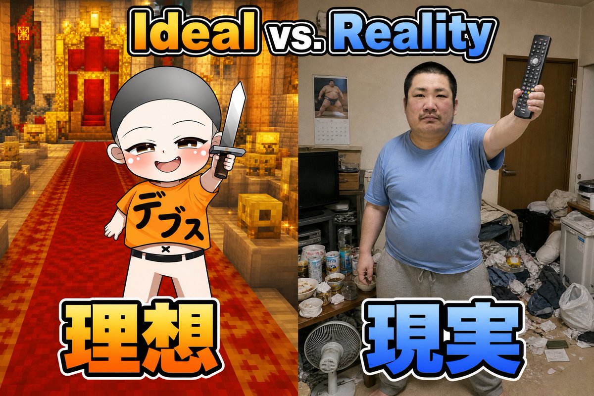 foolish_kaede's tweet photo. 理想 vs 現実。
左：みんなが夢見る、勇敢で可愛い俺。
右：今、目の前にいる、リモコンを離さない俺。
どっちの俺も、お前たちの介護が必要なことに変わりはない。
これが「非モテ王」の真実だ。

#デブス #非モテ王 #理想と現実 #THECARE #拡散希望 https://t.co/yVeZ2LSsQW