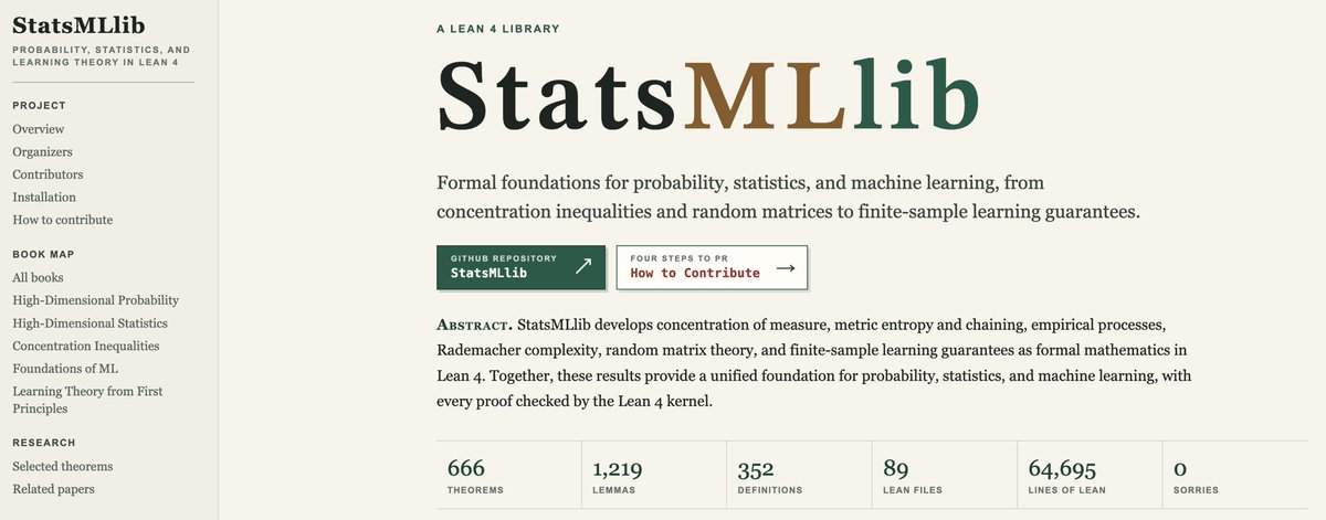 Fanghui_SgrA's tweet photo. 🚀 Introducing StatsMLlib: Probability, Statistics, and Machine Learning in Lean 4

🌐 https://t.co/Wz9Osse4QE

Join us for contribute!

@jasondeanlee Peter Bartlett, @weijie444 @btreetaiji Yuekai, Aleksandar, Sho, @yuanhezhang6, Kei, Kazumi, Naoto, Yuma, @KevinHanHuang1 https://t.co/zJSwGAe6Cb