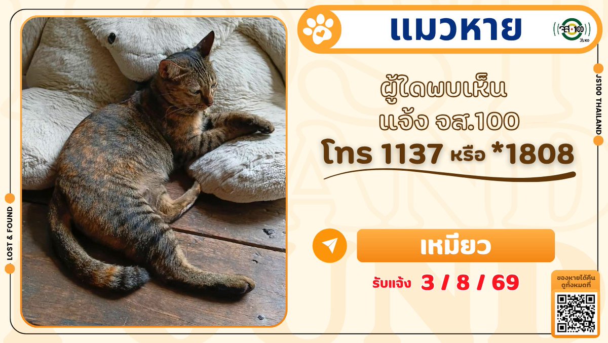 js100radio's tweet photo. แมวหายจากซอยโรงไฟฟ้าเบิกไพร ป้อม 3 อ.บ้านโป่ง จ.ราชบุรี ผู้ใดพบเห็นแจ้ง JS100 โทร *1808 หรือ 1137

รายละเอียดเพิ่มเติม : https://t.co/CBamVczQqH

#แมวหาย #ตามหาแมวหาย #JS100 https://t.co/4VCNBPSNP9