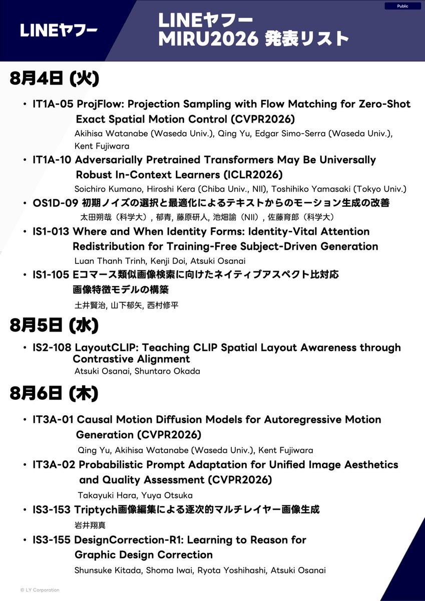 lycorptech_jp's tweet photo. 🎉 #MIRU2026 8/3スタート 🎉
LINEヤフーはスポンサー展示と10件の研究発表を行います。
企業ブースでは弊社技術の紹介に加え、デモ展示、ノベルティもご用意しております。また、研究発表リストも掲載しました。こちらもたくさんの議論をさせて頂ければと思います！ https://t.co/938w4a3spq