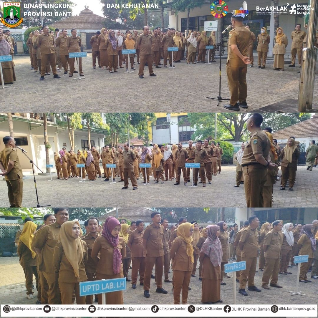 DLHKBanten's tweet photo. Apel Pagi DLHK Provinsi Banten, Senin (3/8/2026), menegaskan pentingnya disiplin, integritas, kejujuran, kebersamaan, dan profesionalisme. Melalui apel rutin setiap Senin, seluruh pegawai diharapkan terus meningkatkan kualitas pelayanan kepada masyarakat demi keberkahan bersama. https://t.co/CyPrJ1Eup9